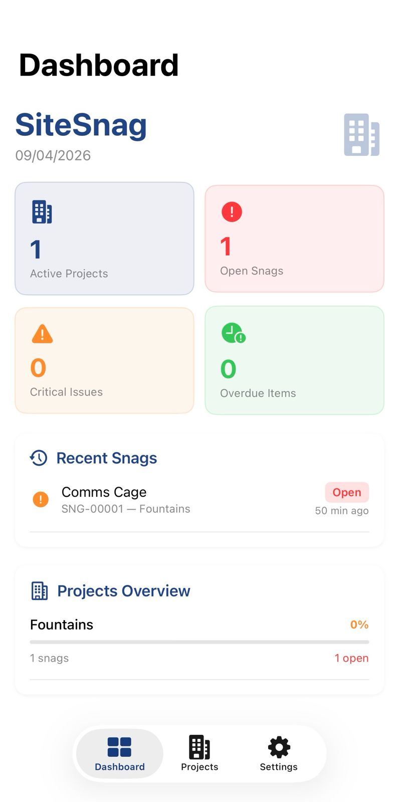 SiteSnag Dashboard showing active projects, open snags, and project overview