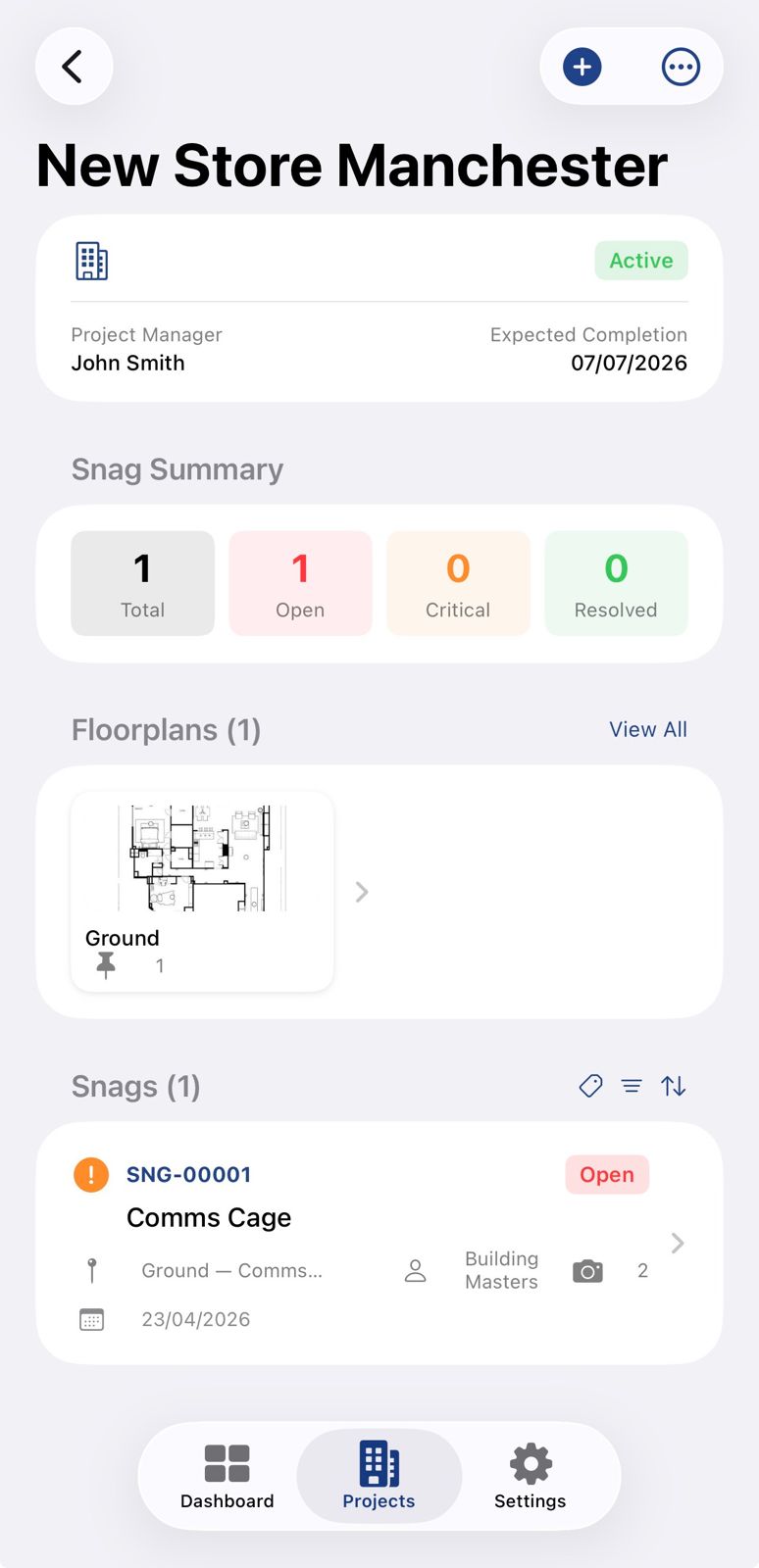 SiteSnag Project view with floor plans and snag tracking